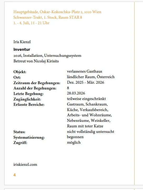 Iris Kienzl, Inventur, 2026, Installation, Untersuchungssystem